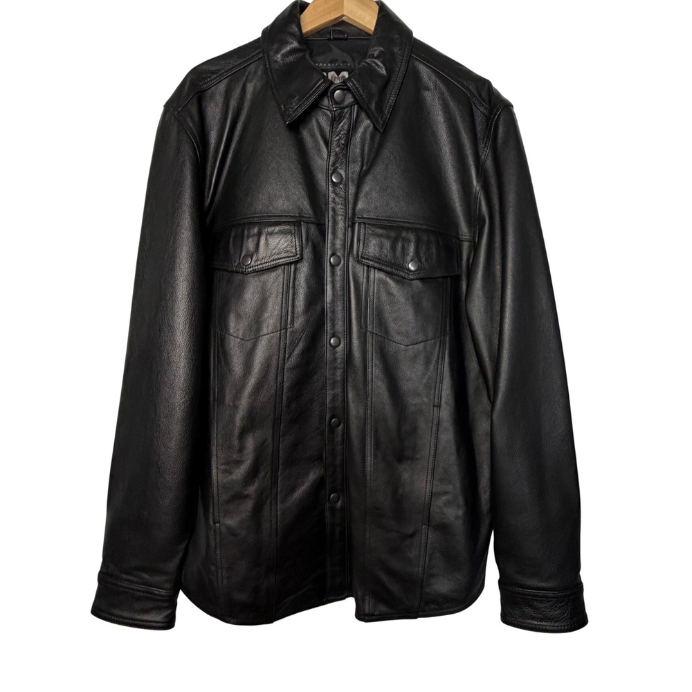 FMC Classic Leather Shirt Jacket Black Snap Front Utility Workwear Western XL